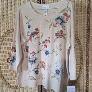 NWT Alfred Dunner Beige Top with Colorful Embroidery
